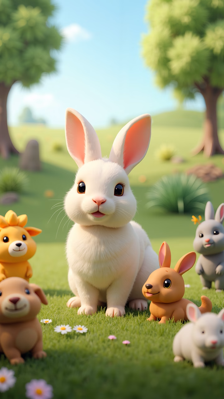 A cute cartoon rabbit gathering friends in a sunny meadow.