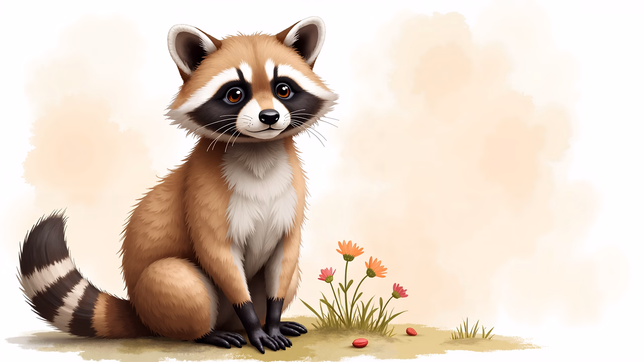 A cute raccoon sitting amidst flowers in a peaceful setting.