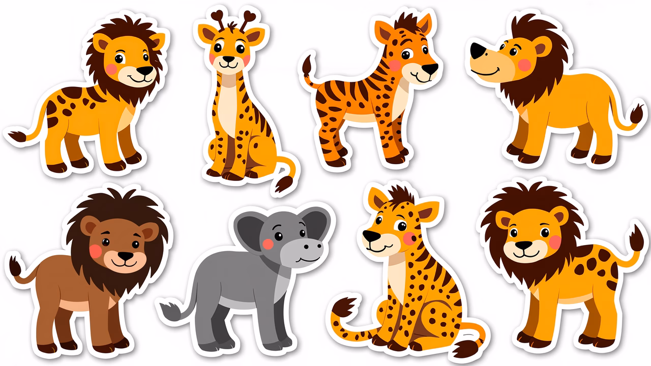 Brightly colored cartoon safari animals for kids' decor and education.