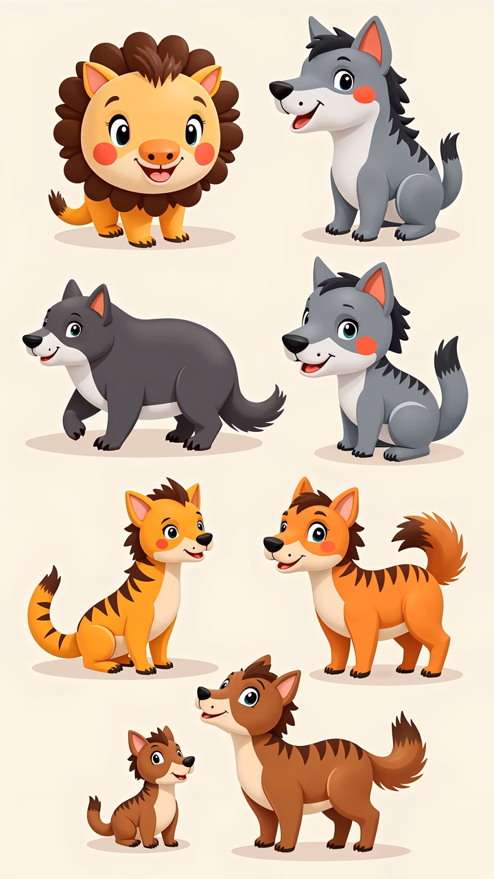 Cute cartoon animals with bright expressions and soft pastels.