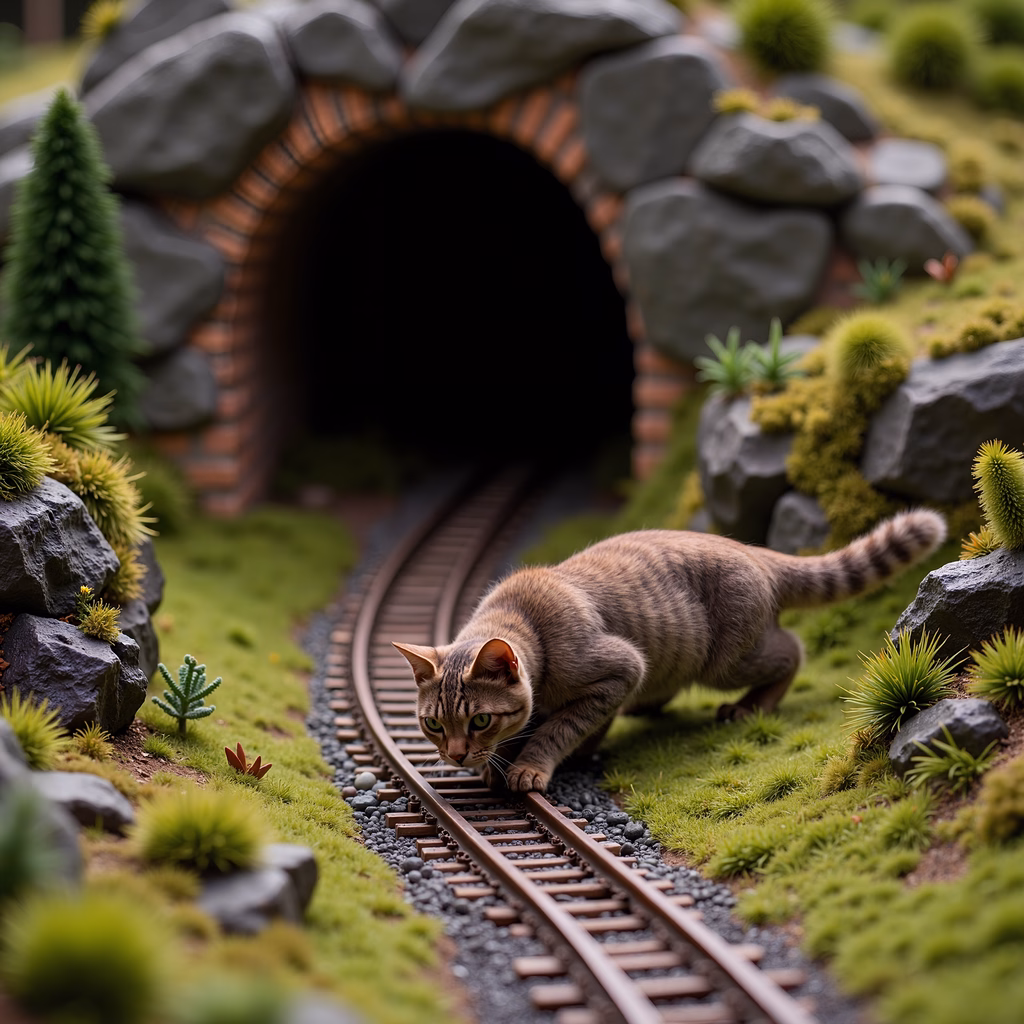 Curious tabby cat exploring miniature train tracks in a lush, green environment.
