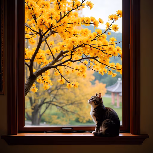 Cat Watching Yellow Blossoms