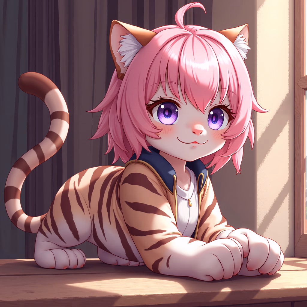 A cute catgirl lounging in a cozy setting, exuding warmth and serenity.
