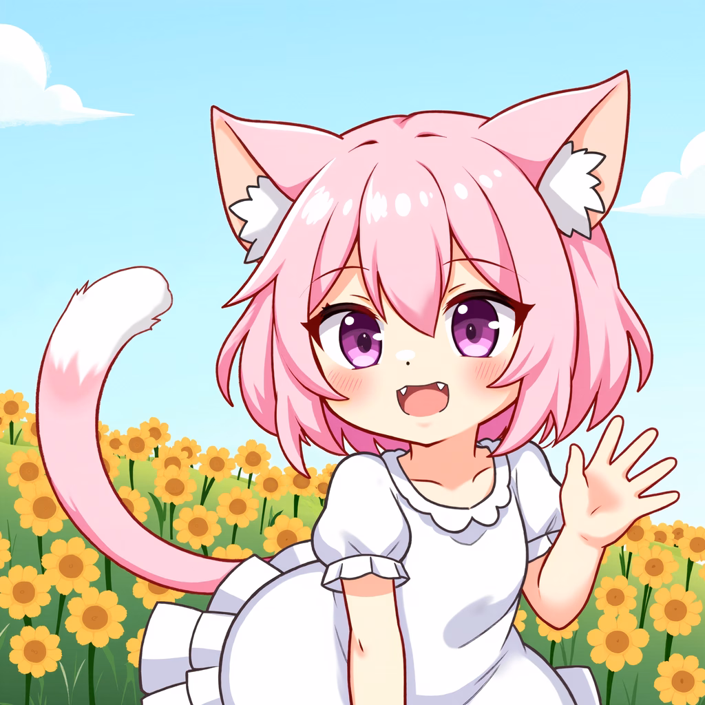 A cute catgirl in a sunflower field, dressed as a maid, exuding joy and playfulness.