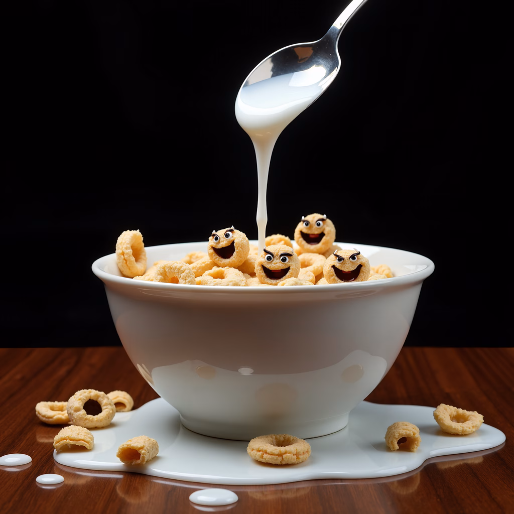 Anthropomorphic cereal faces in a milk-filled bowl, playful food art.