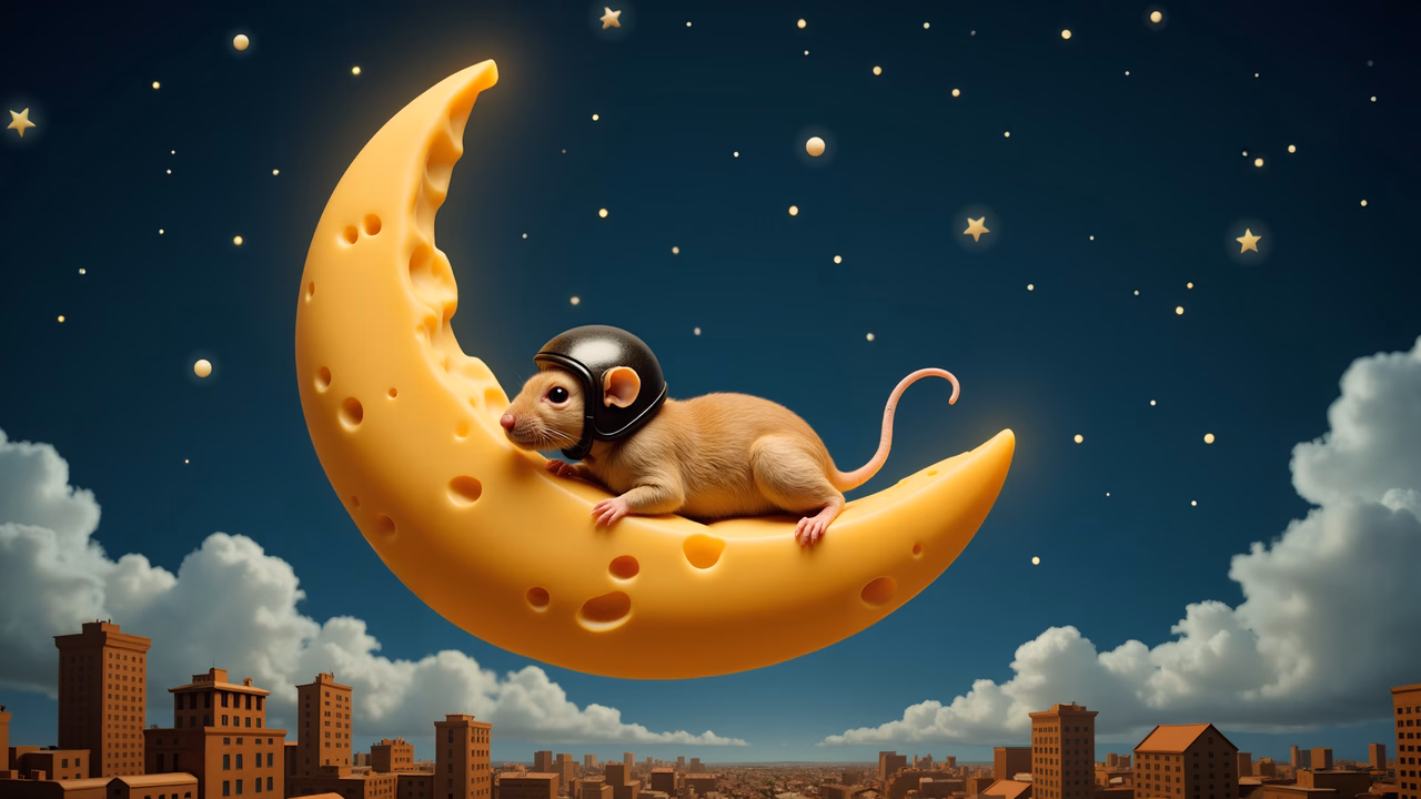 A mouse in a helmet on a cheese moon, set against a starlit sky.
