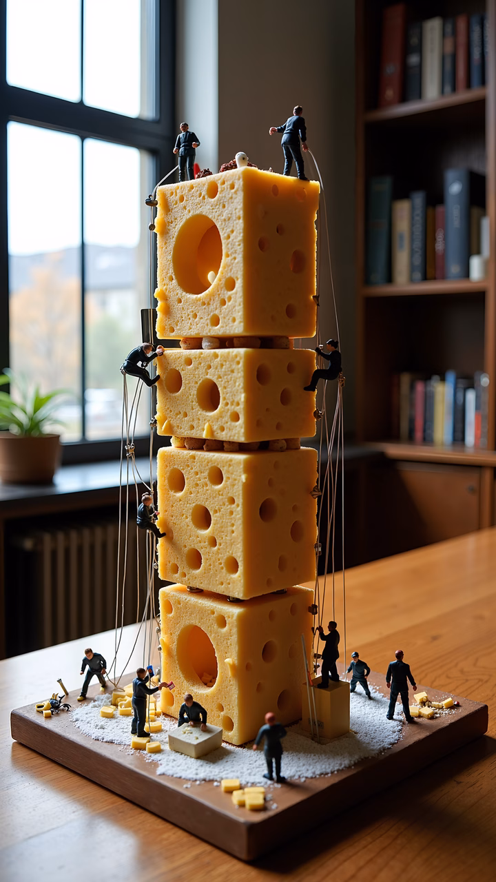 Miniature figures construct a towering Swiss cheese tower in a modern interior setting.