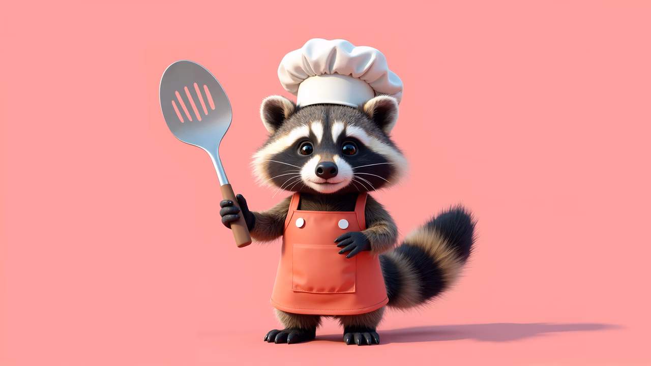 A cute raccoon chef holding a spatula, dressed in a chef's hat and apron, set against a soft pink background.