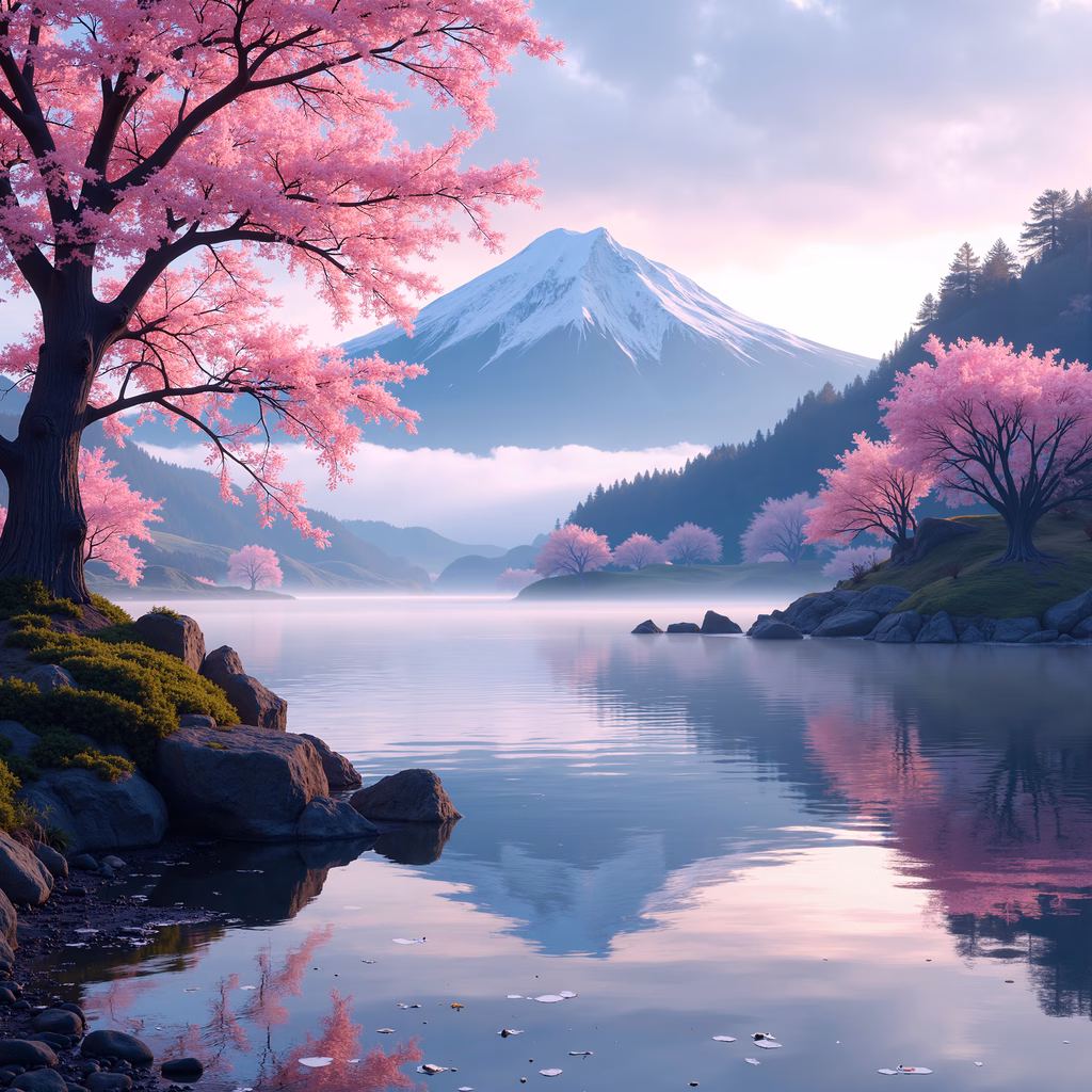 Cherry blossoms and Mount Fuji in a tranquil landscape illustration.