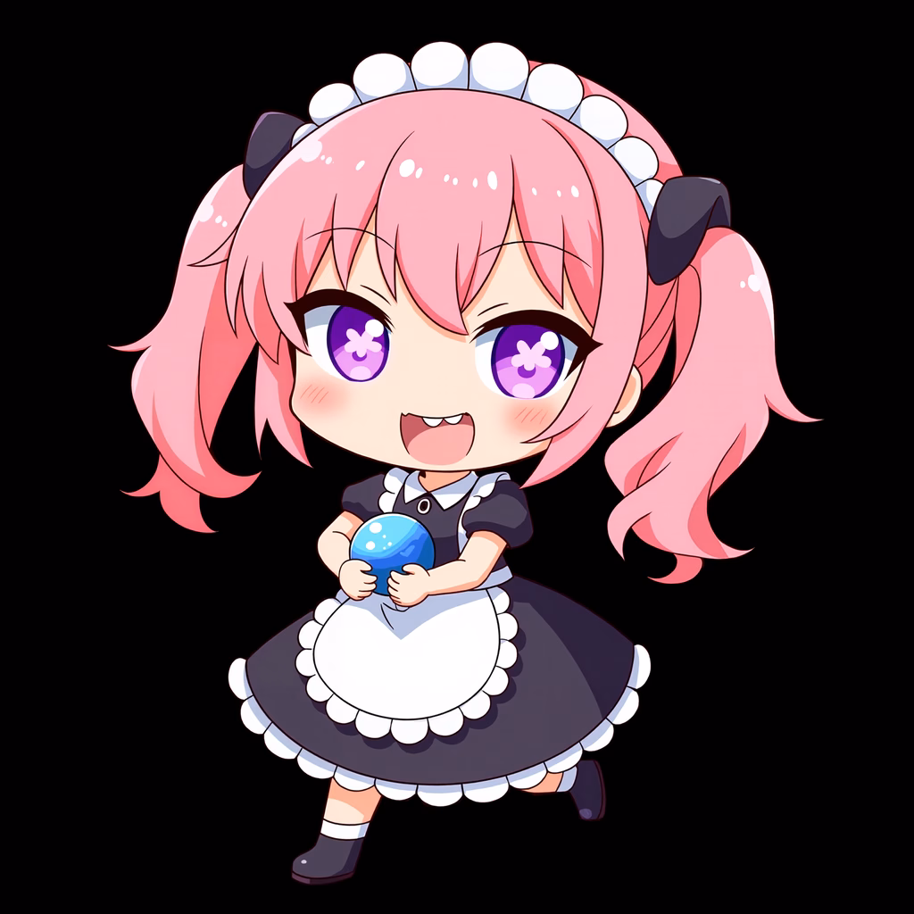 Cute chibi maid holding a blue orb, vibrant colors, anime style