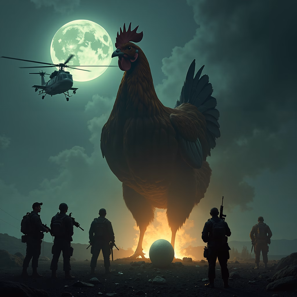 A giant chicken looms over soldiers under a full moon, creating a tense and eerie atmosphere.