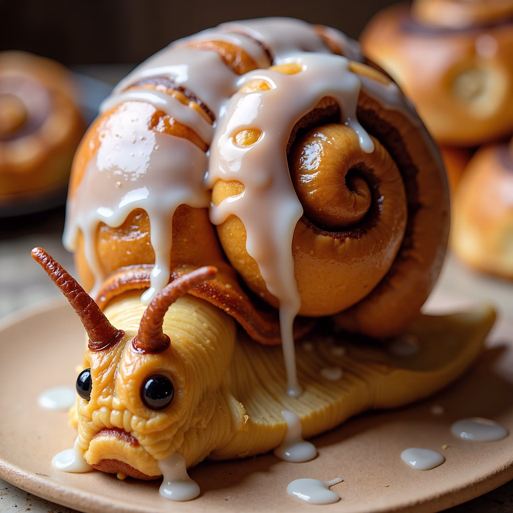Whimsical cinnamon roll caterpillar with icing drizzle