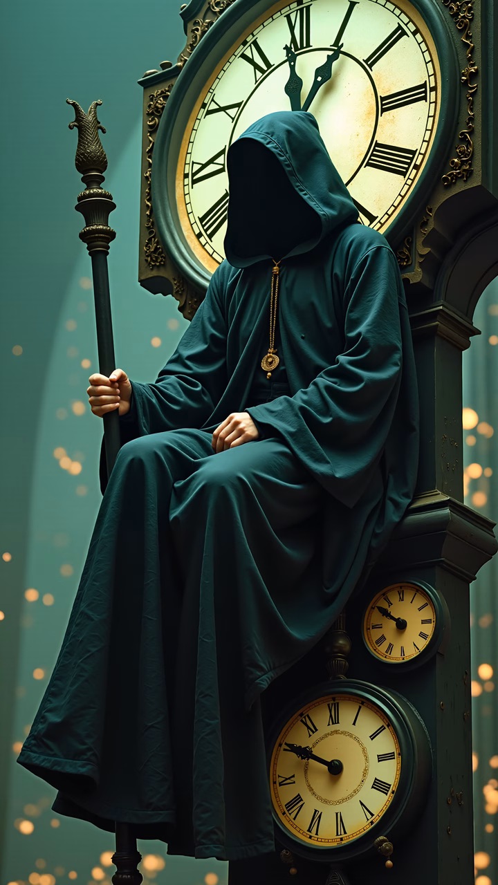Mysterious hooded figure atop an ornate clock tower, bathed in golden light.