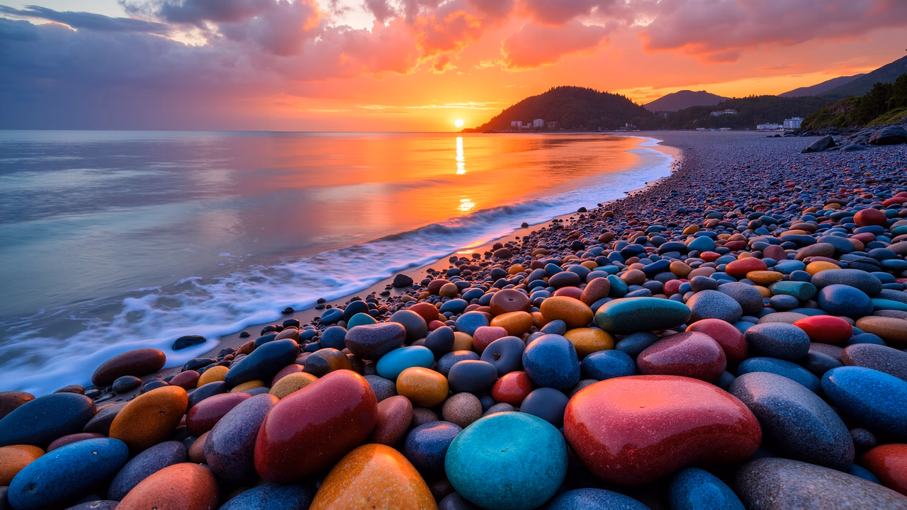 Vibrant pebbles and a stunning sunset over a peaceful beach.