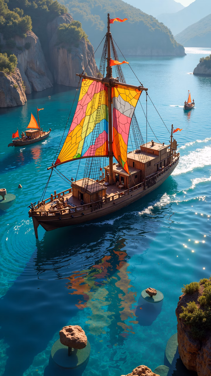 Vibrant sailing ship with colorful sails on a tranquil turquoise sea.