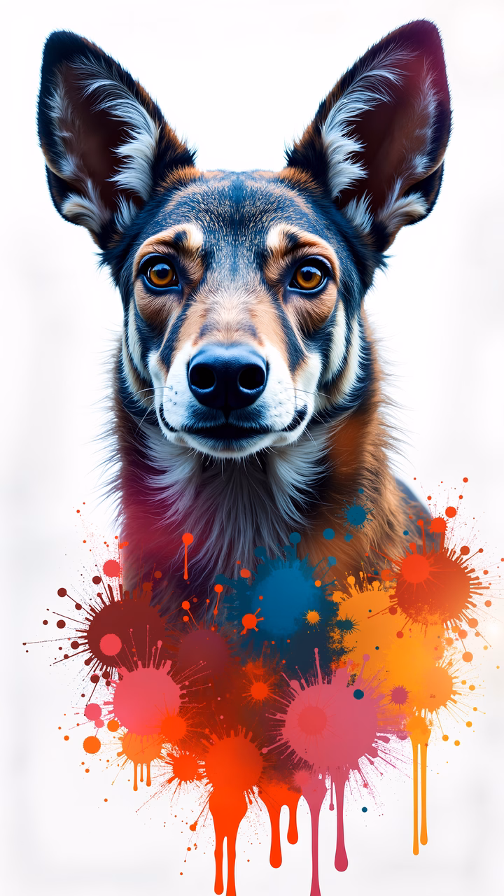 Vibrant dog portrait with colorful paint splatters on a white background.