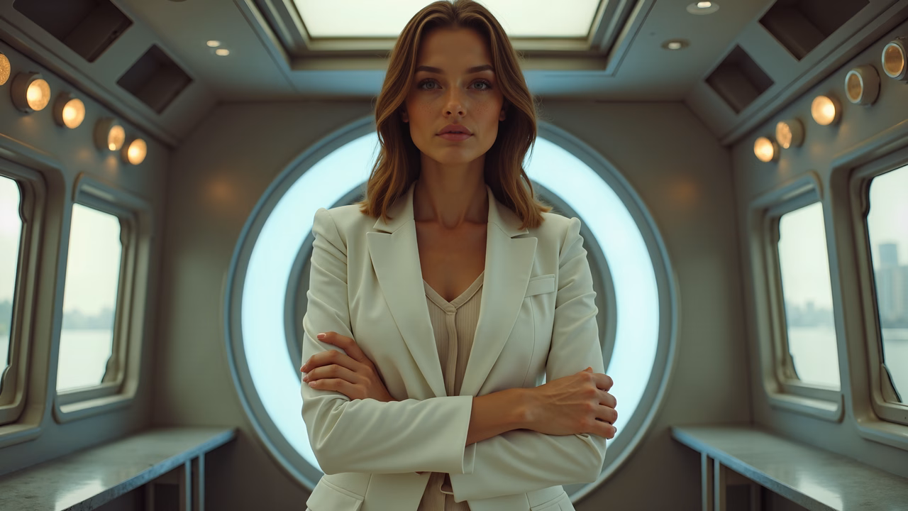 Confident woman in stylish white suit, modern interior, professional vibe.