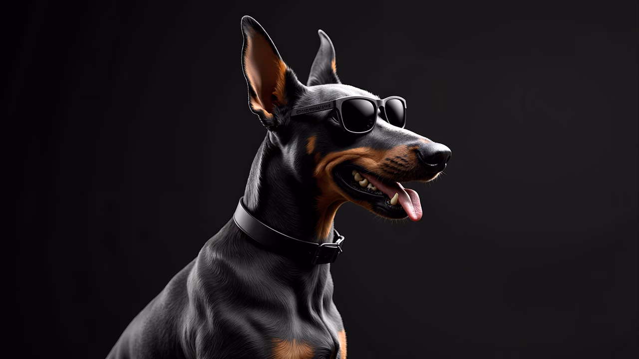 Stylish Doberman with sunglasses on a sleek black background.