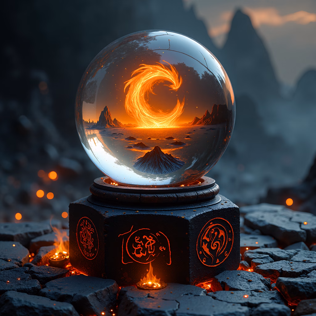 Mystical crystal ball with swirling fire vortex, fantasy landscape, ancient symbols, glowing embers, fiery hues.