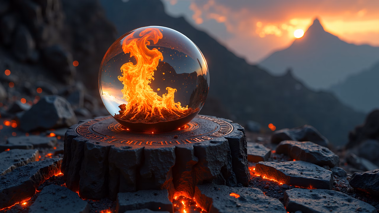 A crystal ball containing a fiery flame, set against a volcanic landscape at sunset.
