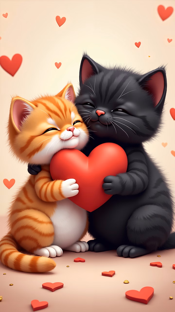 Two cute kittens cuddling with a heart, symbolizing love and affection.
