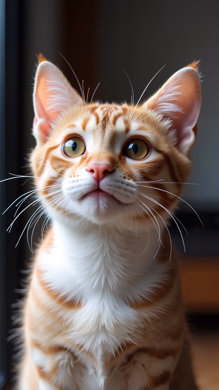 Close-up of a curious ginger kitten with green eyes and soft fur.