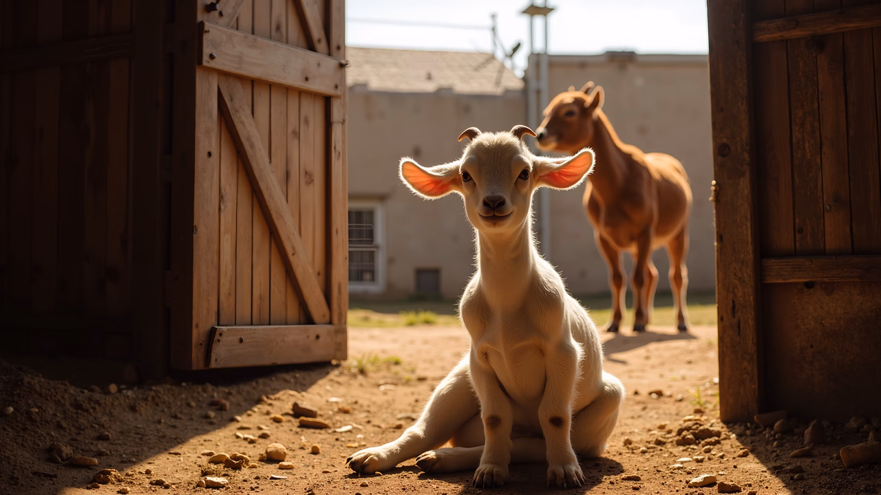 A curious young goat sitting on the ground, bathed in warm sunlight, with another goat in the background.