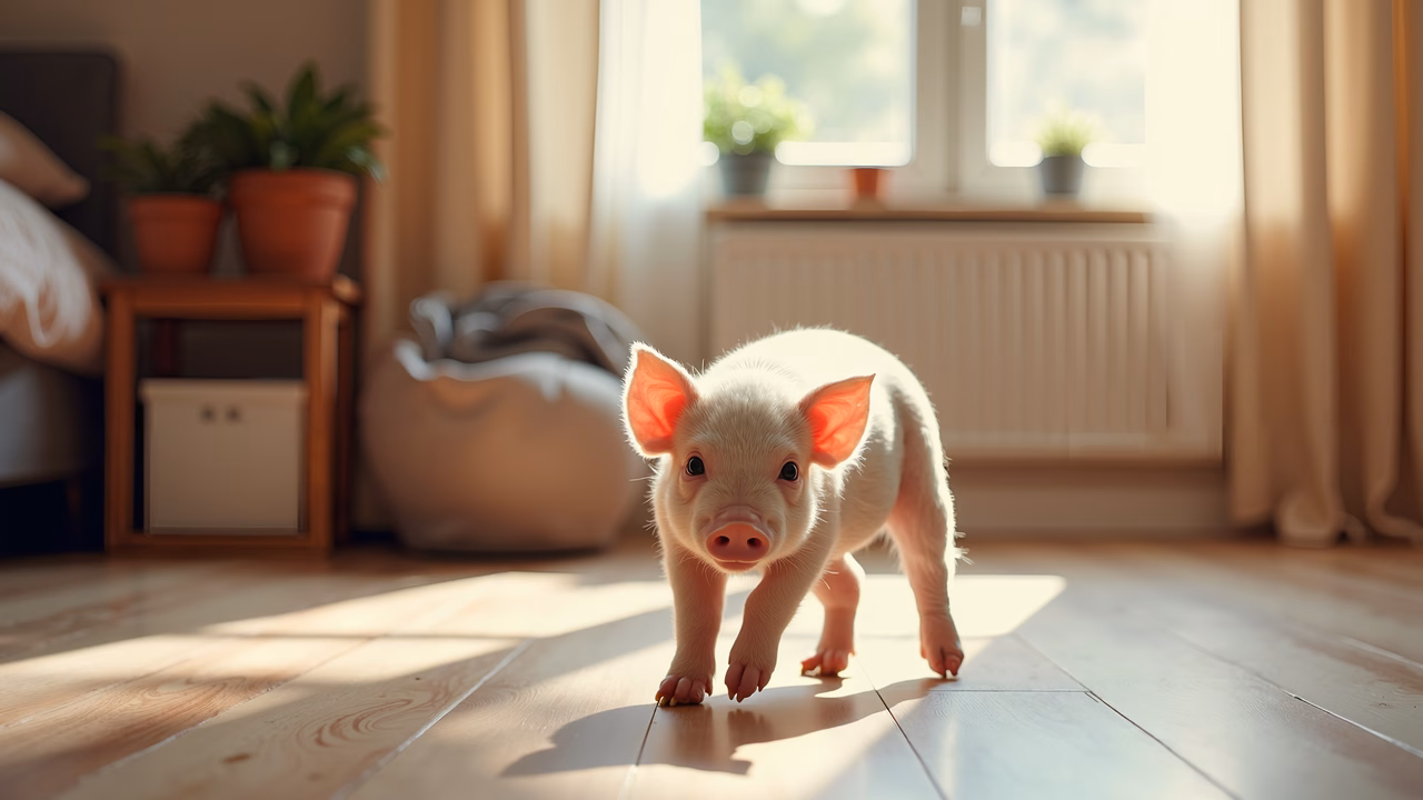 A cute piglet exploring a sunlit room, evoking warmth and curiosity.