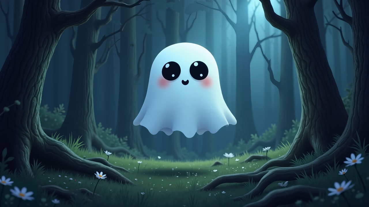 A cute ghost in a tranquil forest setting, perfect for children's art.