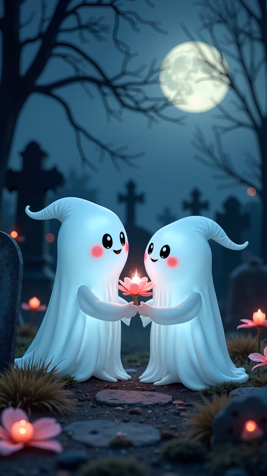 Cute Ghosts Holding a Flower