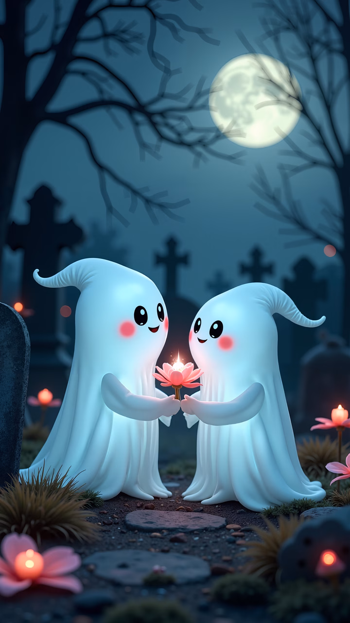 Two cute ghosts share a glowing flower in a magical graveyard under a full moon.