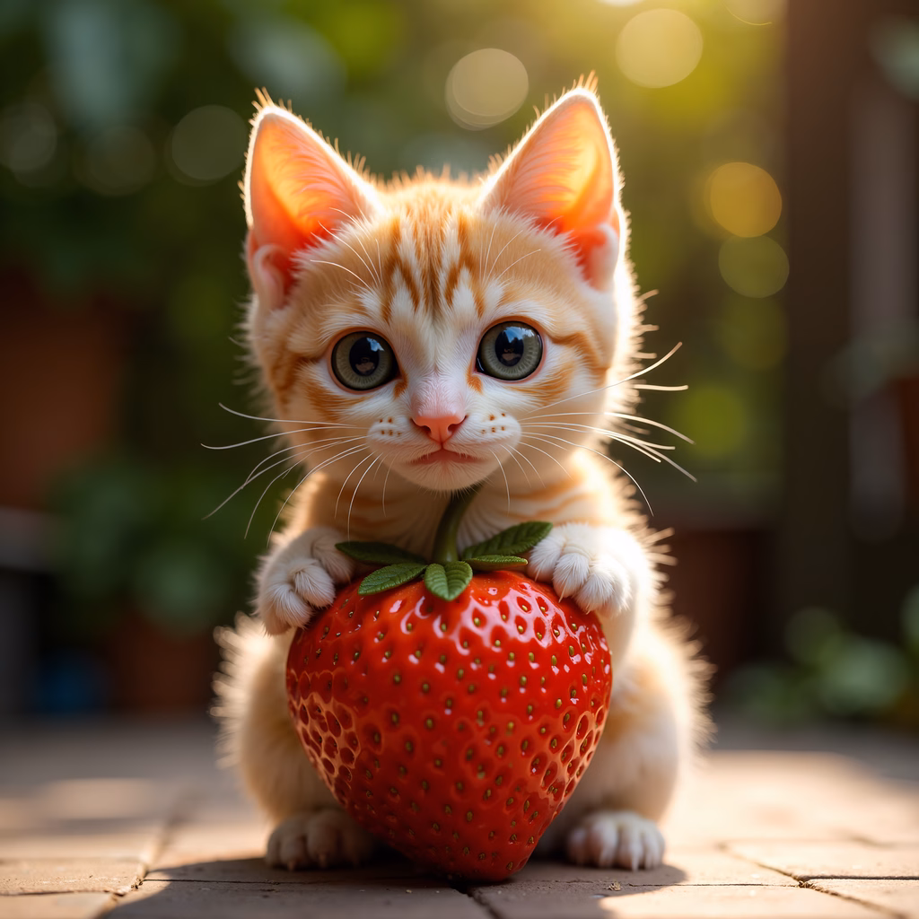 A cute kitten holding a strawberry in a warm, inviting scene.