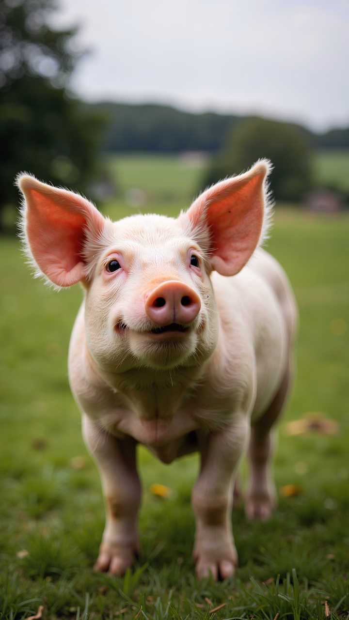 A cute piglet in a peaceful countryside setting.