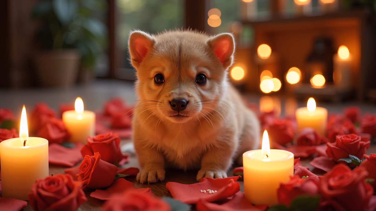 A cute puppy amidst roses and candles, evoking warmth and affection.