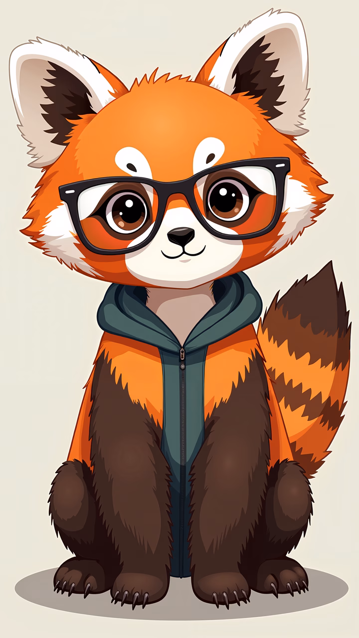 A cute red panda wearing glasses and a hoodie, exuding warmth and friendliness.