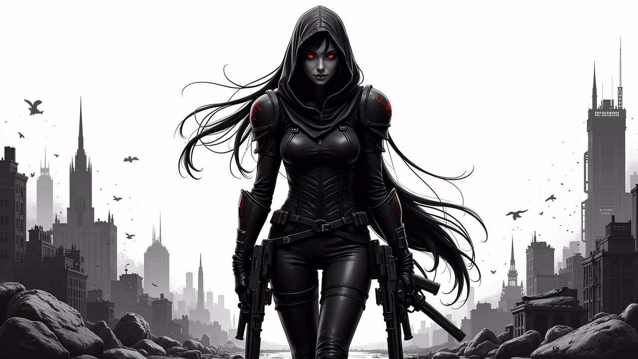 Cyberpunk assassin in a dark, futuristic cityscape.