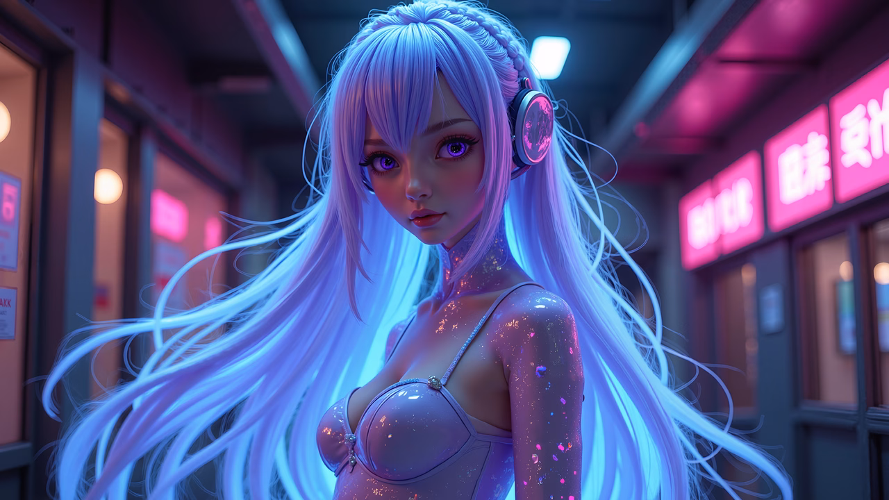 Futuristic cyberpunk beauty with neon lights and metallic attire.