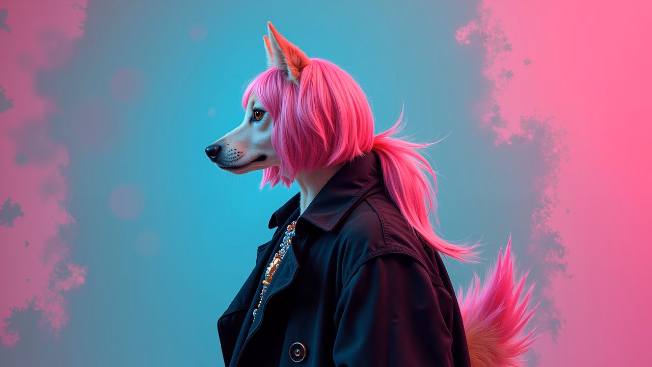 Cyberpunk dog with pink hair and futuristic attire against a snowy gradient backdrop.