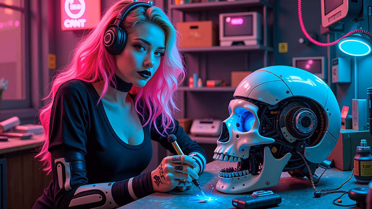 Cyberpunk girl working on a mechanical skull in a neon-lit workshop.