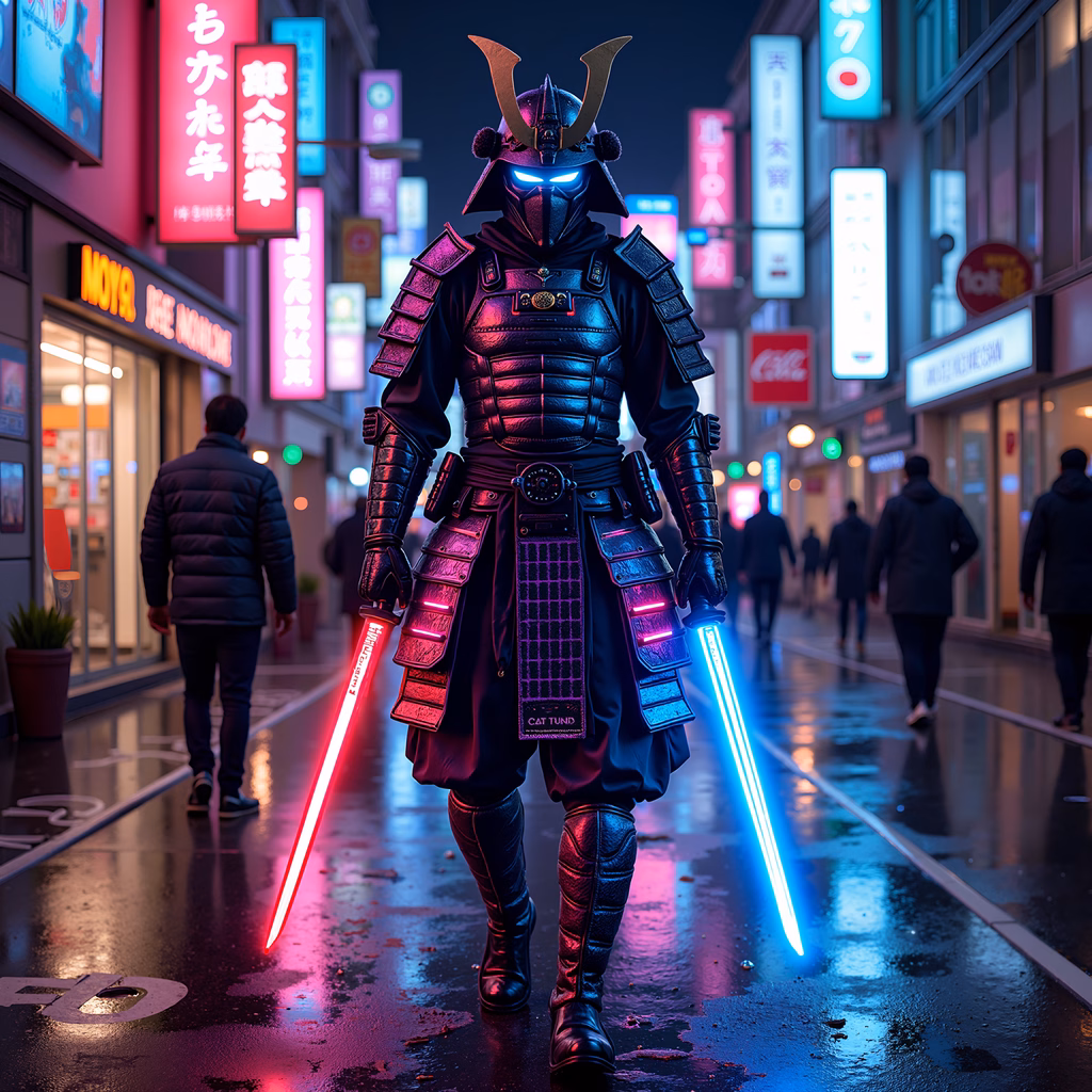 Cyberpunk samurai in a neon-lit cityscape, blending tradition with futurism.