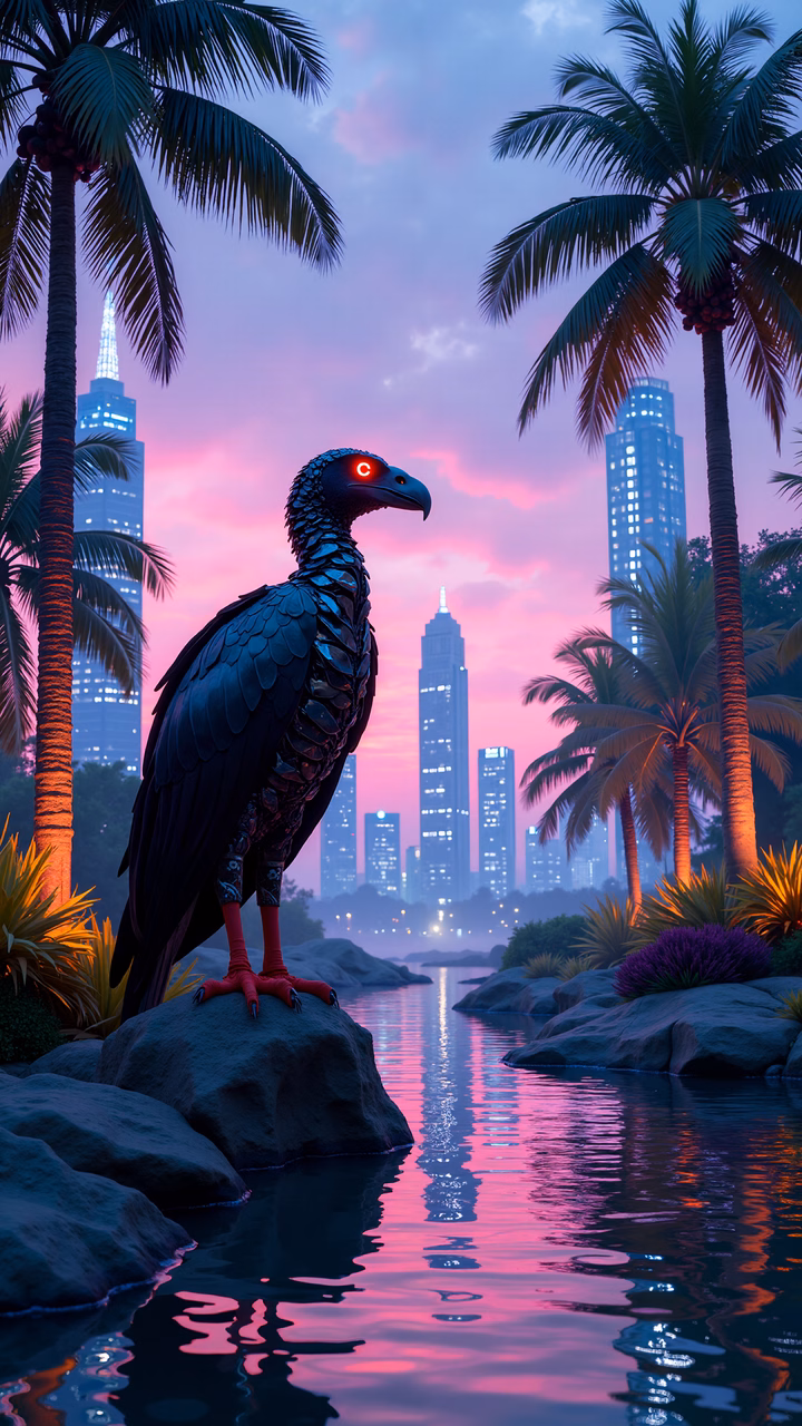 Cyberpunk vulture in a futuristic cityscape with neon hues and palm trees.