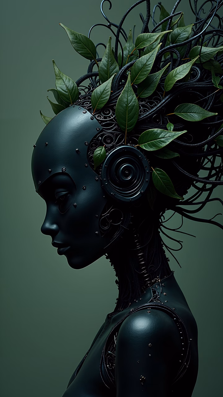 A cybernetic being with organic and mechanical features, blending nature and technology.