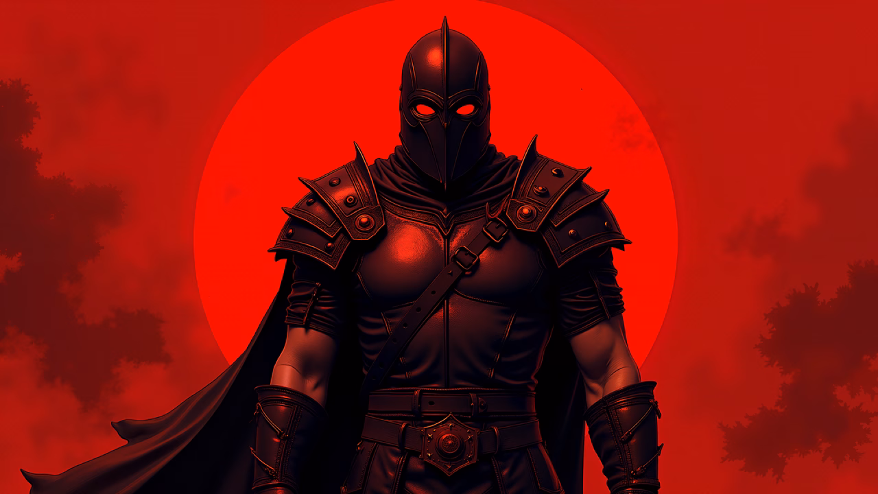 Dark knight in detailed armor against a dramatic red backdrop, evoking intensity and foreboding.