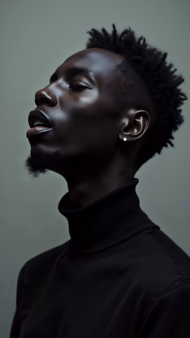 A dark, moody portrait with dramatic lighting and a bold aesthetic.