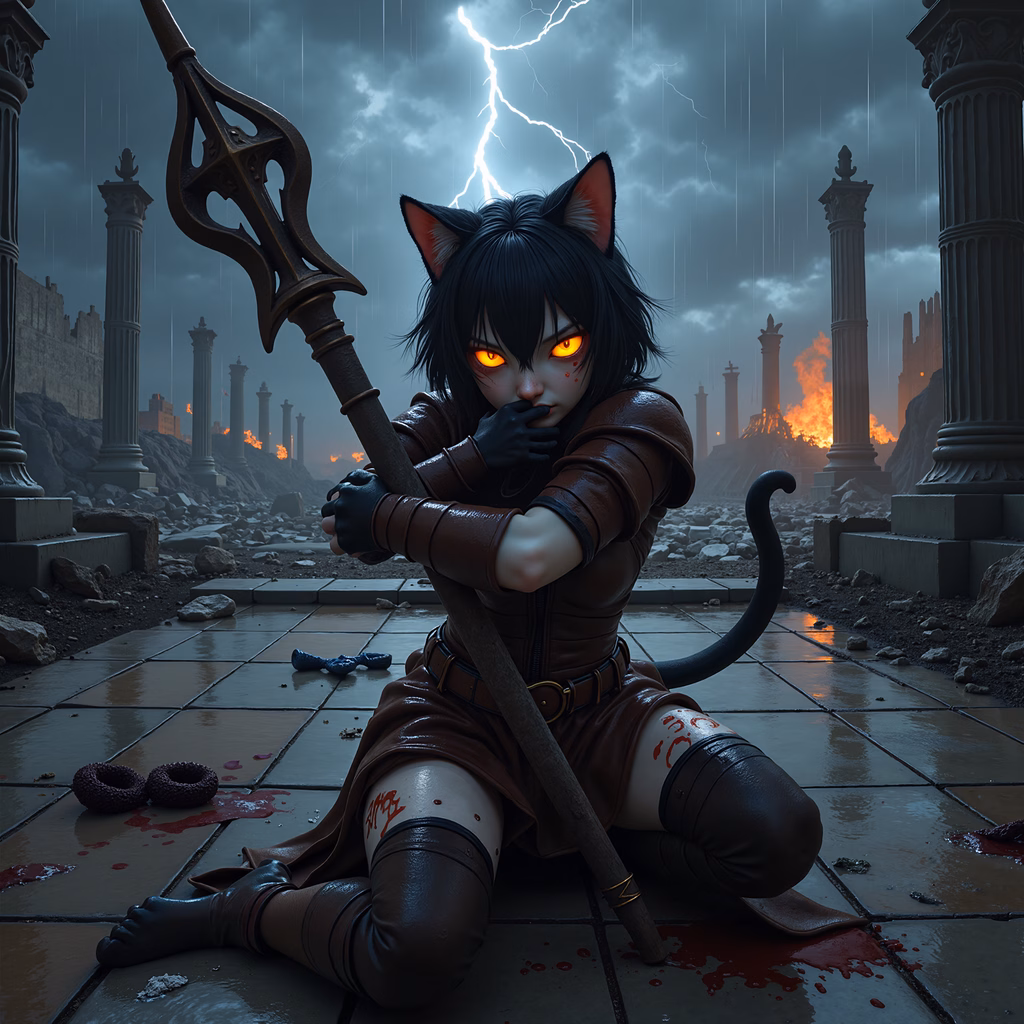 Serious dark warrior amidst ruins under stormy skies.