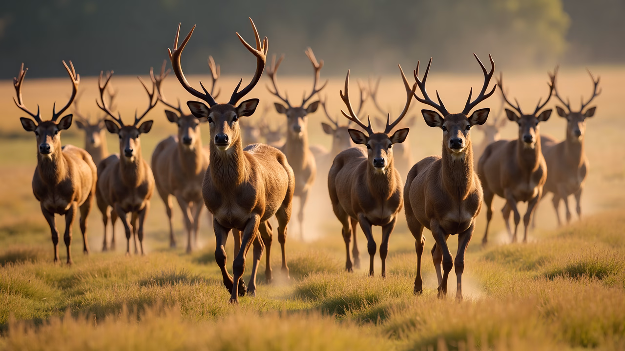 Golden deer herd in serene morning light
