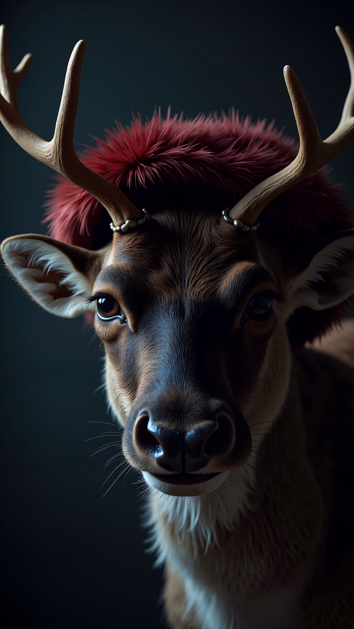 A deer with a red fur headband, blending whimsy and elegance in a dark setting.