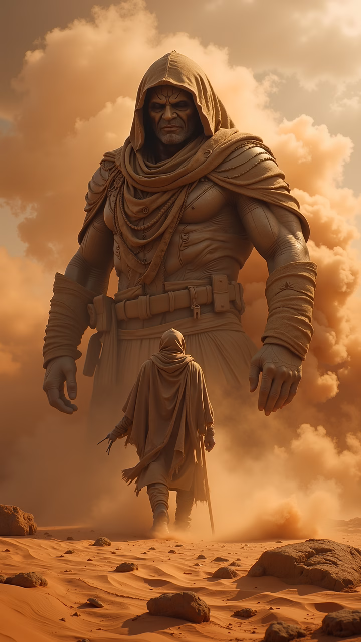Two hooded figures in a desert landscape, evoking mystery and strength.