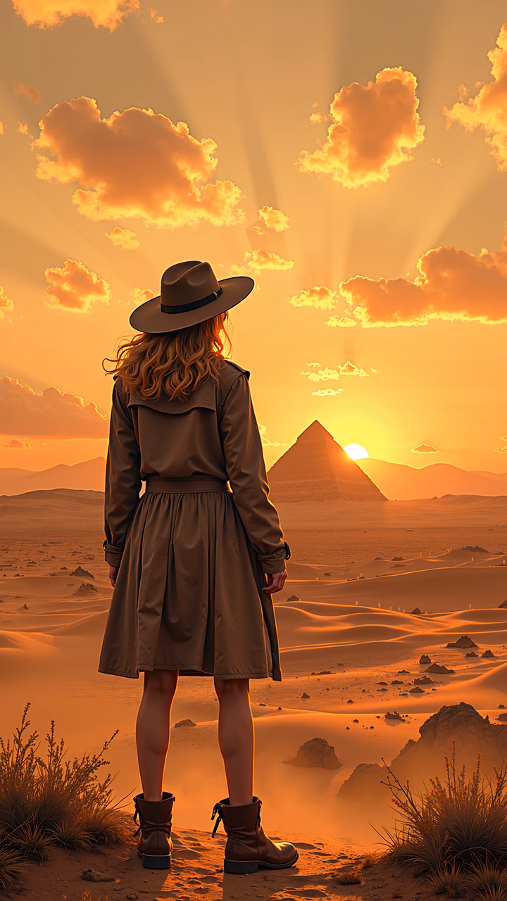Solitary figure in a desert landscape at sunset, pyramid in the distance.