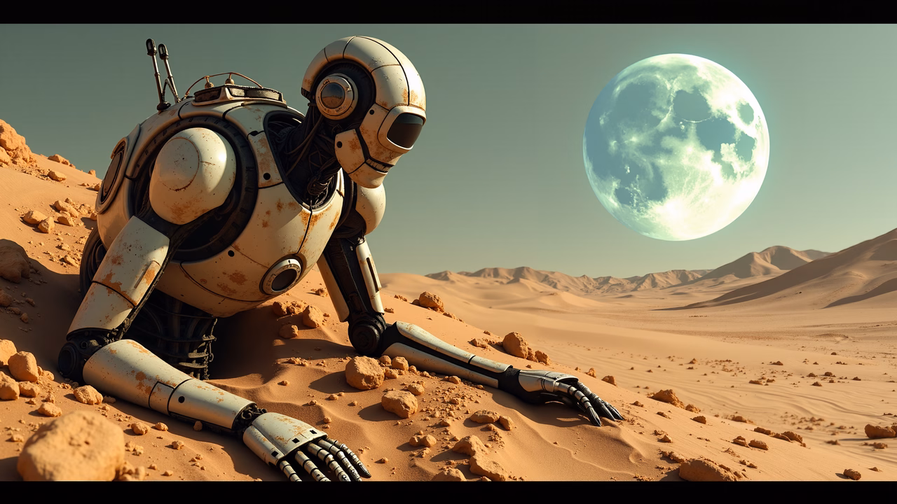 Rusty robot in a desert under a glowing moon, evoking isolation and mystery.